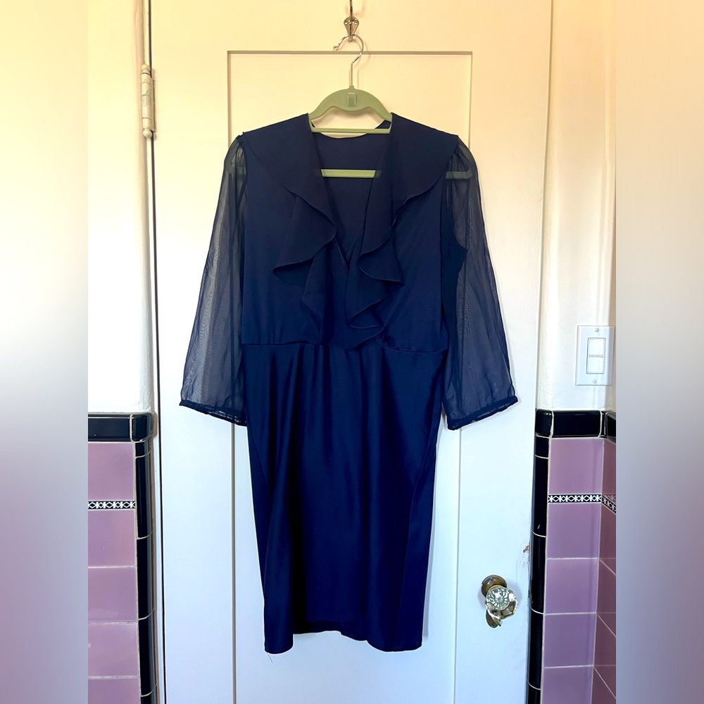 Vintage Deep Blue Silky Dress with Sheer Sleeves 70s 80s